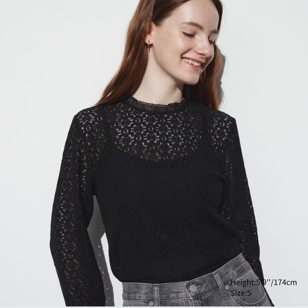 Sold: NWT Uniqlo Lace Long Sleeve Blouse size S in Black